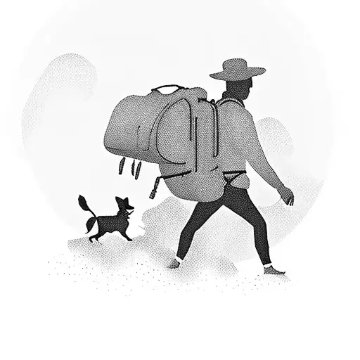 A silhouette of a student hiking with a backpack and a dog by their side tattoo design idea
