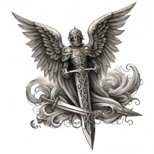 A Christianity cross combined with the wings of an angel and the sword of a knight tattoo design idea