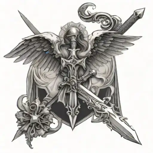 A Christianity cross in front of the wings of an angel, and in front of the sword of a knight tattoo design idea