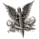 A Christianity cross combined with the wings of an angel and the sword of a knight tattoo design idea