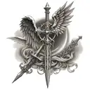 A Christianity cross combined with the wings of an angel and the sword of a knight tattoo design idea
