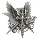 A Christianity cross combined with the wings of an angel and the sword of a knight tattoo design idea