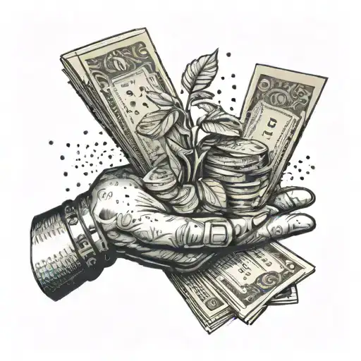 A landscape with dirty hands holding a stack of money, symbolizing hard work and success tattoo design idea