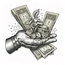 A landscape with dirty hands holding a stack of money, symbolizing hard work and success tattoo design idea