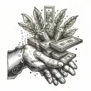 A landscape with dirty hands holding a stack of money, symbolizing hard work and success tattoo design idea
