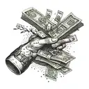 A landscape with dirty hands holding a stack of money, symbolizing hard work and success tattoo design idea