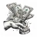 A landscape with dirty hands holding a stack of money, symbolizing hard work and success tattoo design idea