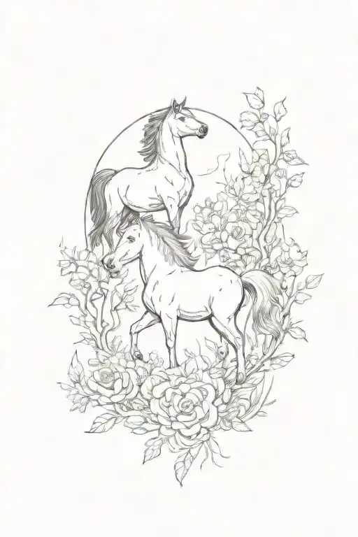 A wild horse rearing in the center with a fox under it. A panda on the right side and a tiger on the left with wildflowe tattoo design idea