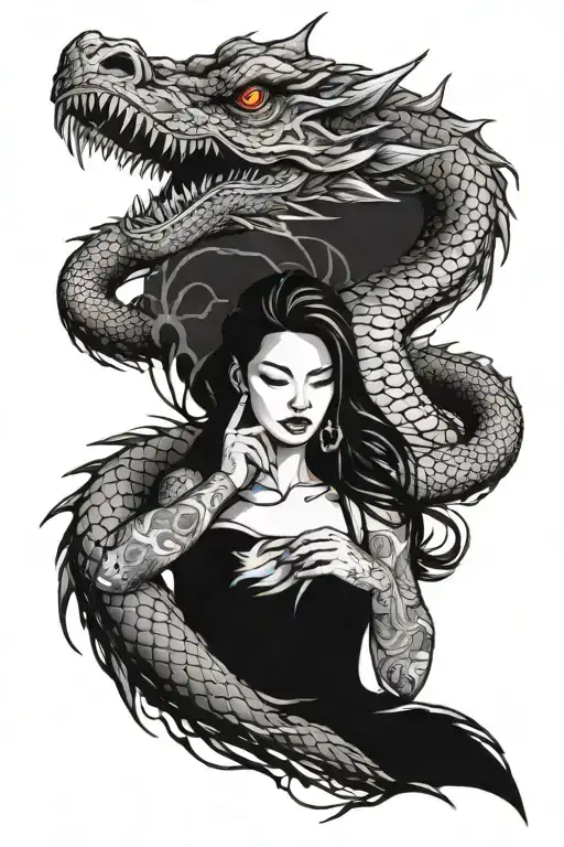 woman taming big dragon fantasy world tattoo design idea