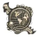  "Waiguoren, foreigner, and muzungu" crossed out. globe is focus. Ephesians 2:19 in banner in middle of globe  tattoo design idea