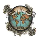  "Waiguoren, foreigner, and muzungu" crossed out. globe is focus. Ephesians 2:19 in banner in middle of globe  tattoo design idea