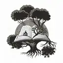 A stylized tree of knowledge with roots spreading out into the shape of the quote 'The measure of intelligence is the ability to change.' tattoo design idea