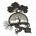 A stylized tree of knowledge with roots spreading out into the shape of the quote 'The measure of intelligence is the ability to change.' tattoo design idea