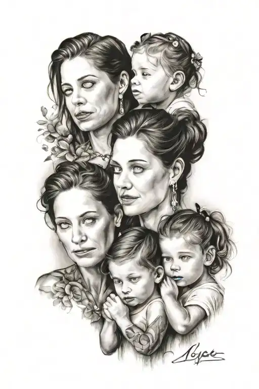 mother with 3 daughters  tattoo design idea