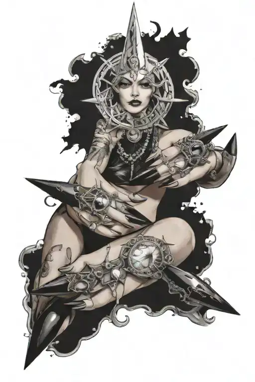wicca goddess black stiletto nails with a moon has a necklace tattoo design idea