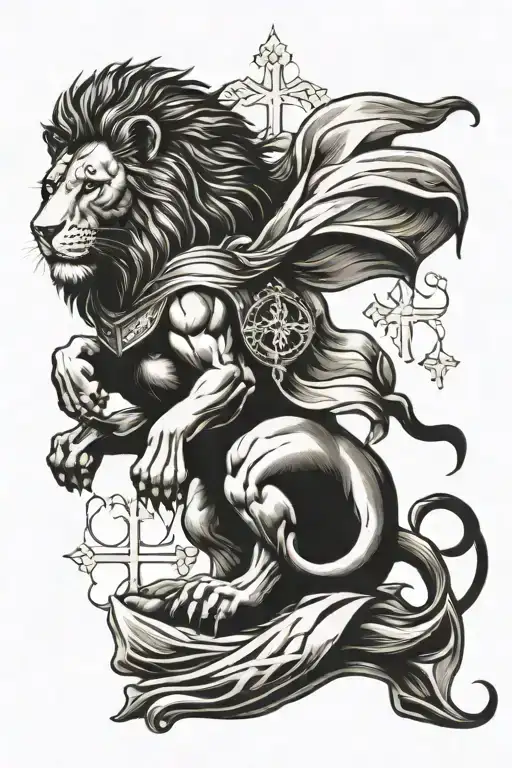 A lion with a spartan and Jesus with crosses with a bible verse about you can make it with the lord at the bottom of the tattoo design idea