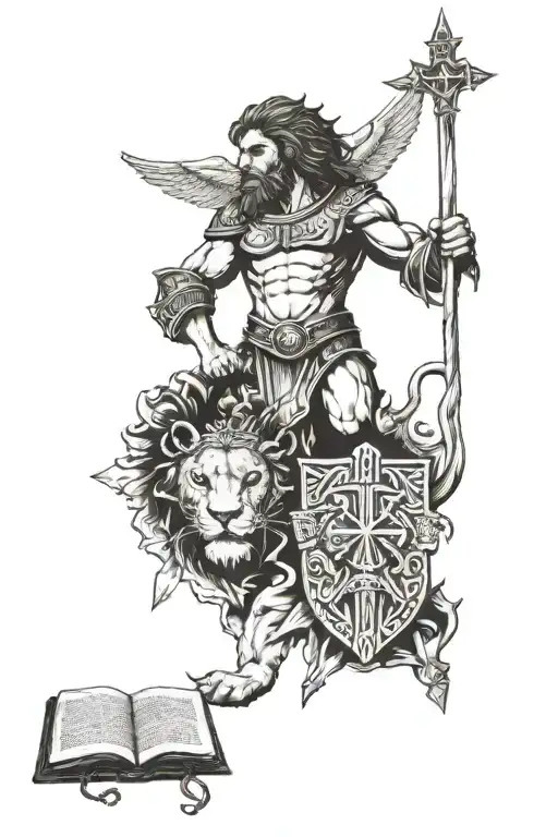 A lion and a spartan armor and Jesus with crosses and a bible verse tattoo design idea