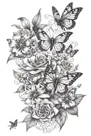 memorial peice with flowers, butterflies, dragonflies, and lyrics from losing my religion by rem tattoo design idea