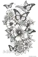 memorial peice with flowers, butterflies, dragonflies, and lyrics from losing my religion by rem tattoo design idea