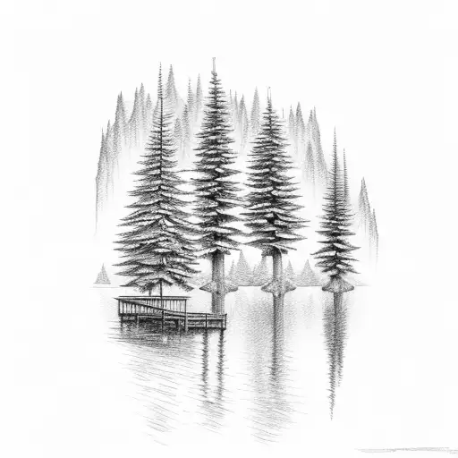 lake with dock and fir trees around it tattoo design idea