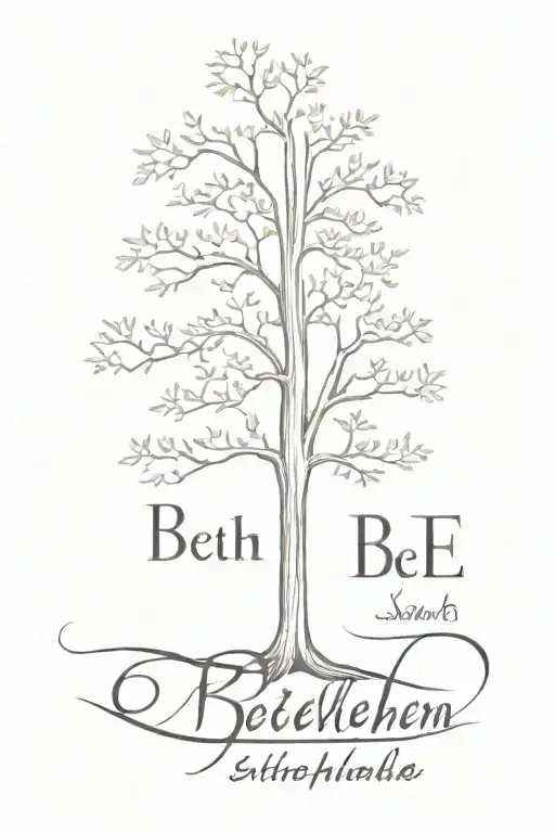 tall tree with name "bethelehem" written sideways tattoo design idea