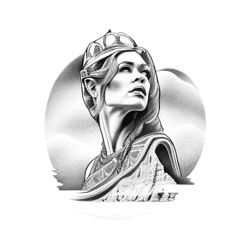 A black-grey tattoo depicting the stunning cliffs of County Mayo with a hidden image of Queen Maeve tattoo design idea