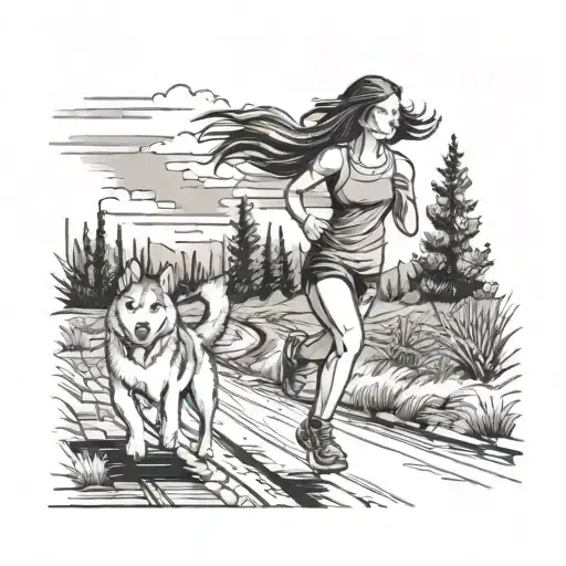 a tattoo of a girl running with her husky on a road, nature ahead tattoo design idea