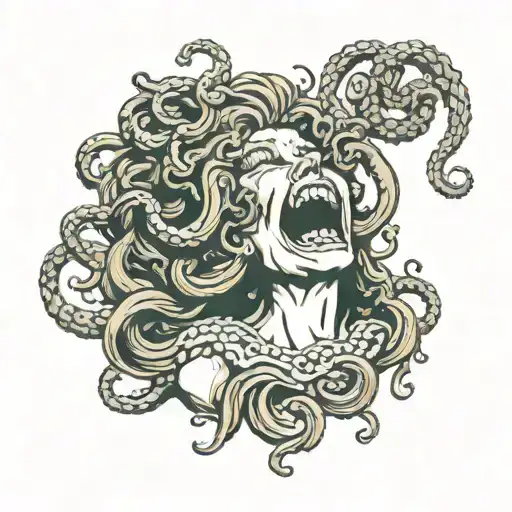 Medusa beaten and battered smiling holding a decapitated poseidons head tattoo design idea