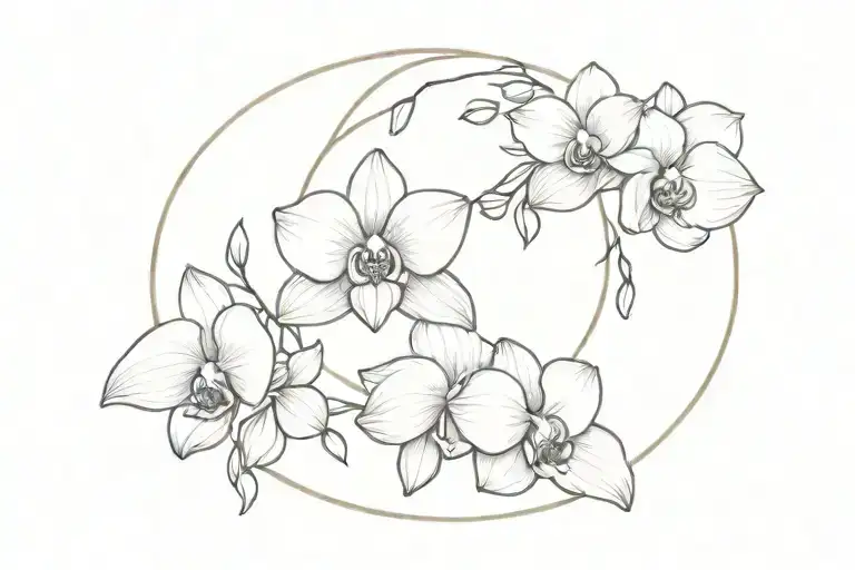lilac flower and orchid flower in a circle shape tattoo design idea