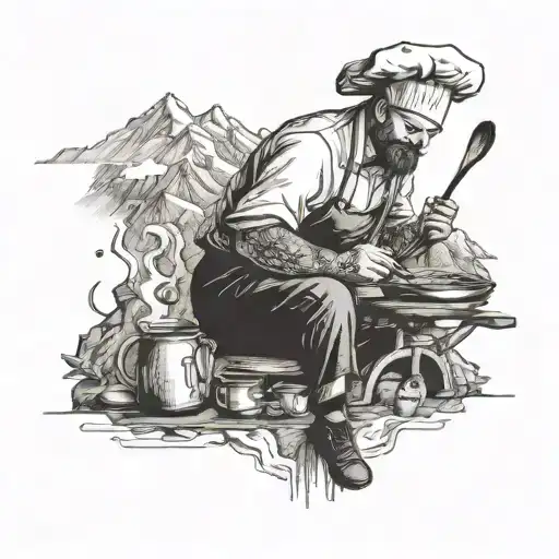 A detailed sketch of a chef cooking on a mountain peak, with musical instruments scattered around tattoo design idea