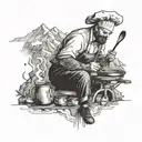 A detailed sketch of a chef cooking on a mountain peak, with musical instruments scattered around tattoo design idea