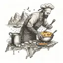 A detailed sketch of a chef cooking on a mountain peak, with musical instruments scattered around tattoo design idea