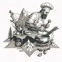 A detailed sketch of a chef cooking on a mountain peak, with musical instruments scattered around tattoo design idea