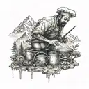 A detailed sketch of a chef cooking on a mountain peak, with musical instruments scattered around tattoo design idea