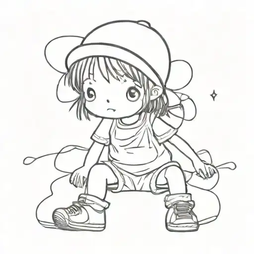 little girl wearing baggy boys clothes stick figure tattoo design idea