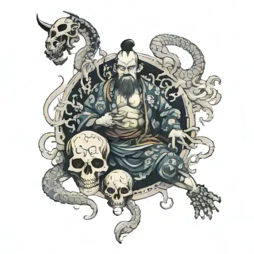 Aguanile, god of the protection of the heart and the home, with skulls and dark atmosphere tattoo design idea