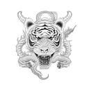 dragon with its head on the chest, with the body in the arm, on the forearm have a tiger grabbing the dragons tail tattoo design idea