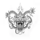 dragon with its head on the chest, with the body in the arm, on the forearm have a tiger grabbing the dragons tail tattoo design idea