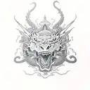 dragon with its head on the chest, with the body in the arm, on the forearm have a tiger grabbing the dragons tail tattoo design idea