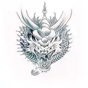 dragon with its head on the chest, with the body in the arm, on the forearm have a tiger grabbing the dragons tail tattoo design idea
