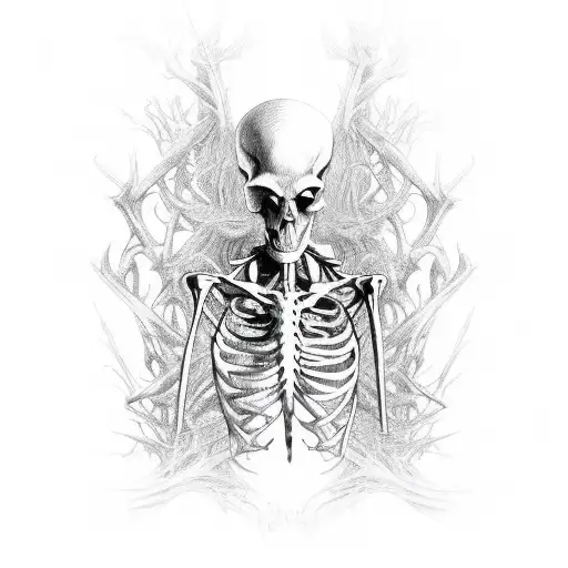 a twisted, skeletal figure emerging from the shadows, with intricate linework conveying a sense of eerie mystery tattoo design idea