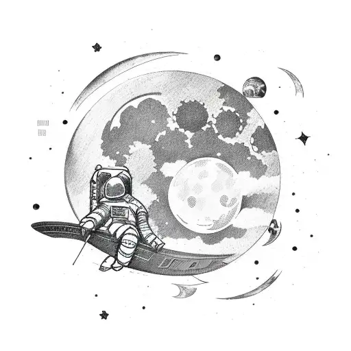 astronaut with moon faces tattoo design idea