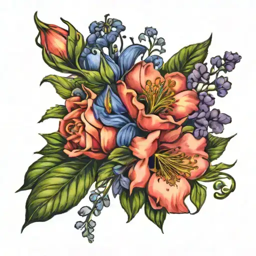 bluebell, 2 roses, poppy, carnation, passion flower lilly and iris in a bouquet  tattoo design idea
