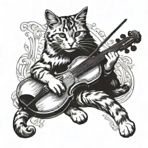 cat plays the violin with his tail raised tattoo design idea