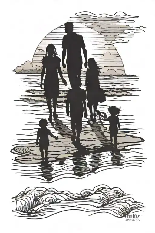 A family of 5 silhouette walking along the beach at sunset tattoo design idea