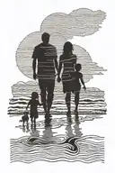 A family of 5 silhouette walking along the beach at sunset tattoo design idea