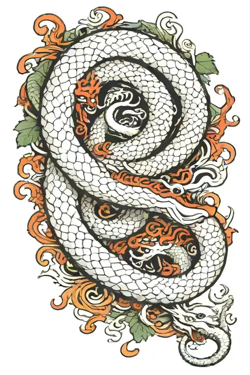 Japanese mythology style where you depict a giant white snake fighting a riujin tattoo design idea
