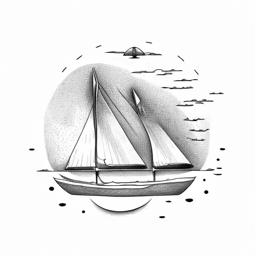 sailboat with sun, birds, and whale tail  tattoo design idea
