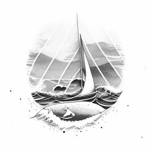 sailboat with waves, sun, birds, whale tail  tattoo design idea