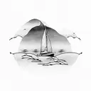 sailboat with waves, sun, birds, whale tail  tattoo design idea